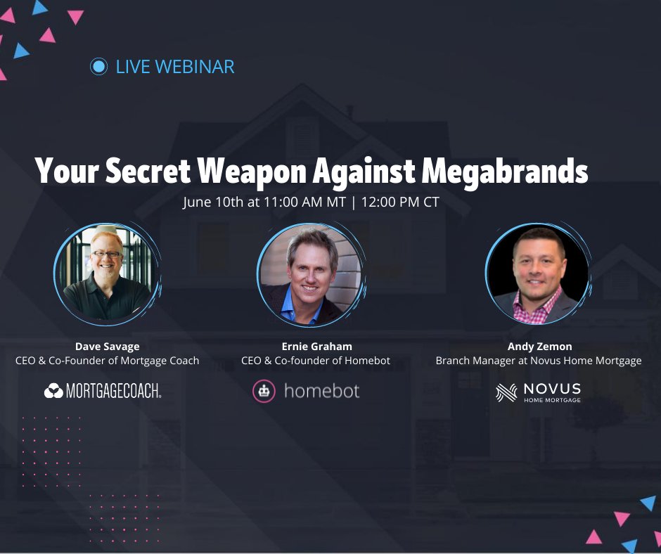 Join us on Thursday June 10th, 11:00 am MT | 12:00 pm CT as Dave Savage, CEO of Mortgage Coach, and Ernie Graham, CEO of Homebot, dive into the power of automation and how it can revolutionize the way you look at client retention.

Register now:
buff.ly/3z1VYNt