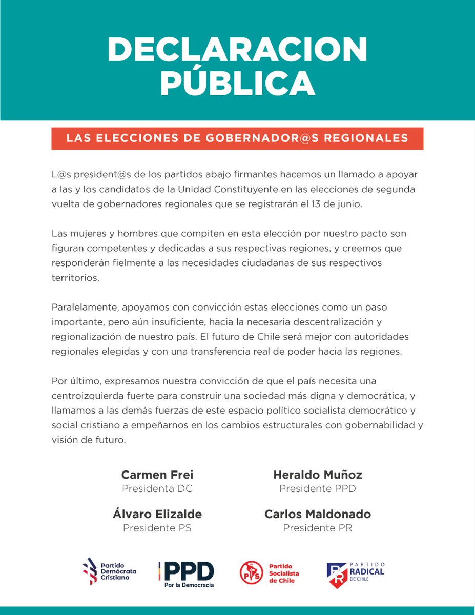 PDC_Chile's tweet photo. Declaración: L@s President@s de #UnidadConstituyente llaman a apoyar  a l@s candidat@s a Gobernador@s del pacto en la #SegundaVueltaGobernadores. Reafirmamos nuestra convicción de que el país necesita una centroizquierda más fuerte para construir un país más digno y justo. https://t.co/ZNh7qNcVE8
