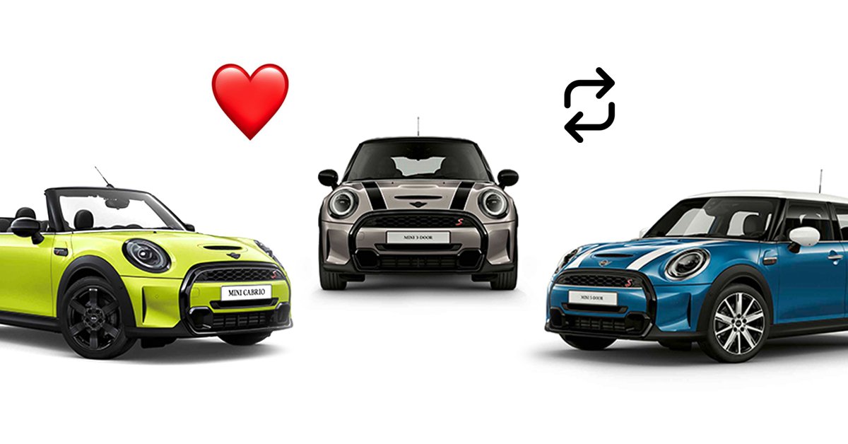 MINImexico's tweet photo. No importa si lo tuyo es el MINI 3 Puertas, el MINI 5 Puertas o el MINI Convertible, los nuevos #MINI2022 te dejarán con la boca abierta. ¿Qué detalle te gusta más?
❤️ Sus nuevos colores. 😍
🔁 Nuevo diseño. 🙌 https://t.co/sOV7DP0qAk