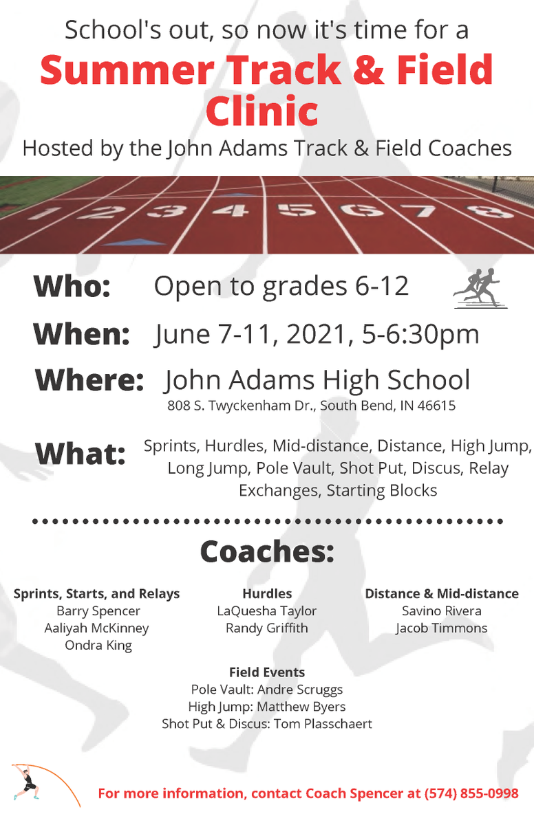 <a href="/JATrackCC/">John Adams Track & Field and Cross Country</a> invites any 6th-12th grader to the clinic. <a href="/JASection/">JA Student Section</a> <a href="/SBJohnAdamsHigh/">John Adams HS</a> <a href="/JAEaglesSports/">John Adams Athletics</a> <a href="/SBEdisonSchool/">Edison Middle School-OFFICIAL</a> <a href="/JeffersonTrad/">Jeffeson Trader</a> <a href="/SouthBendCSC/">South Bend Schools</a>  spread the word to your respective students and families in middle and high school.
