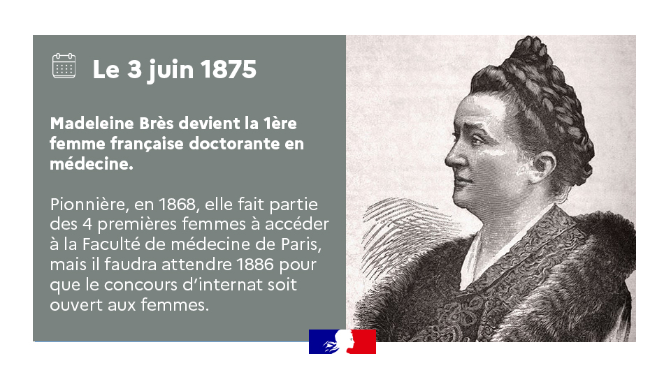 Sante_Gouv's tweet photo. #CeJourLà 📅 | Le 3 juin 1875, Madeleine Brès est la 1ère femme française doctorante en médecine.
➡️Pionnière : en 1868, elle est l'une des 4 femmes à accéder à la Faculté de médecine. Mais il faut attendre 1886 pour que le concours d'internat soit ouvert aux femmes. https://t.co/eB3yWJkr1V