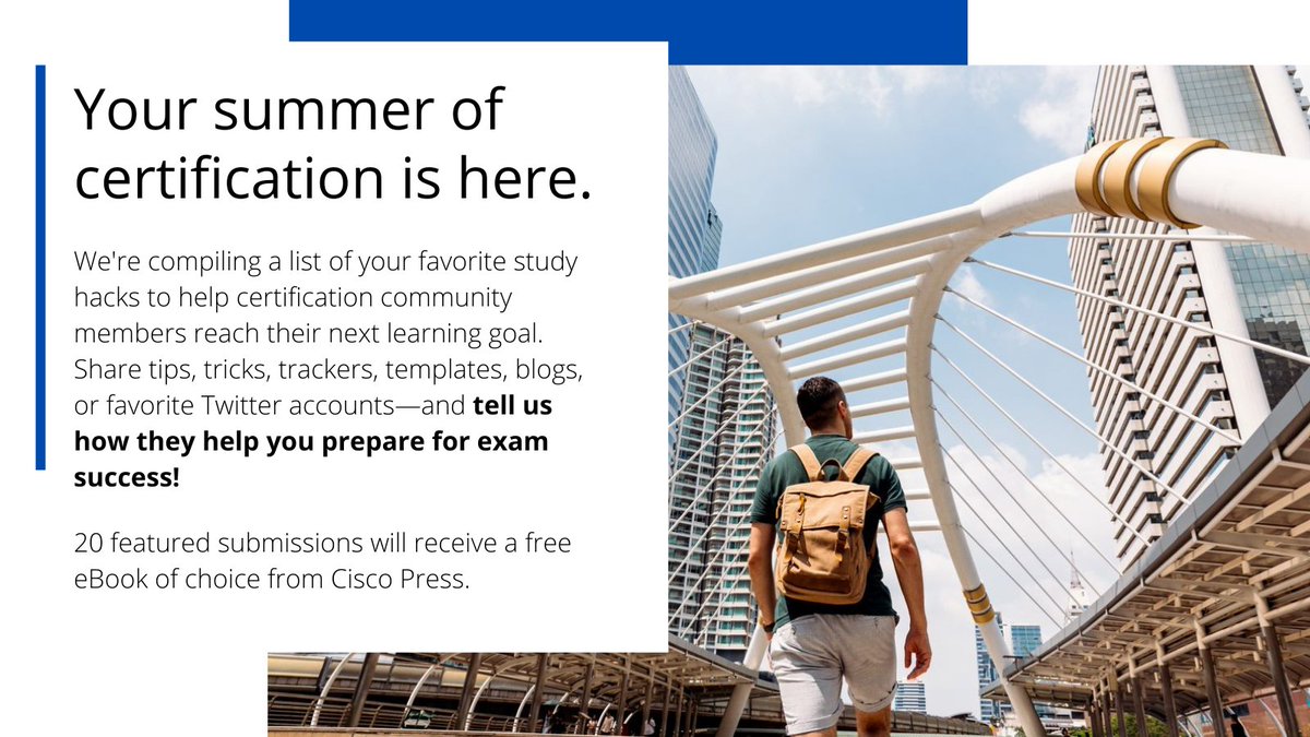 We have some great submissions so far. Share your favorite study tip or resource for the chance to win a free Cisco Press eBook, and help the #CiscoCert community have a successful #SummerOfCert! Entry deadline is June 15.
#CCNA #CCNP #CCIE #DevNet #CyberOps