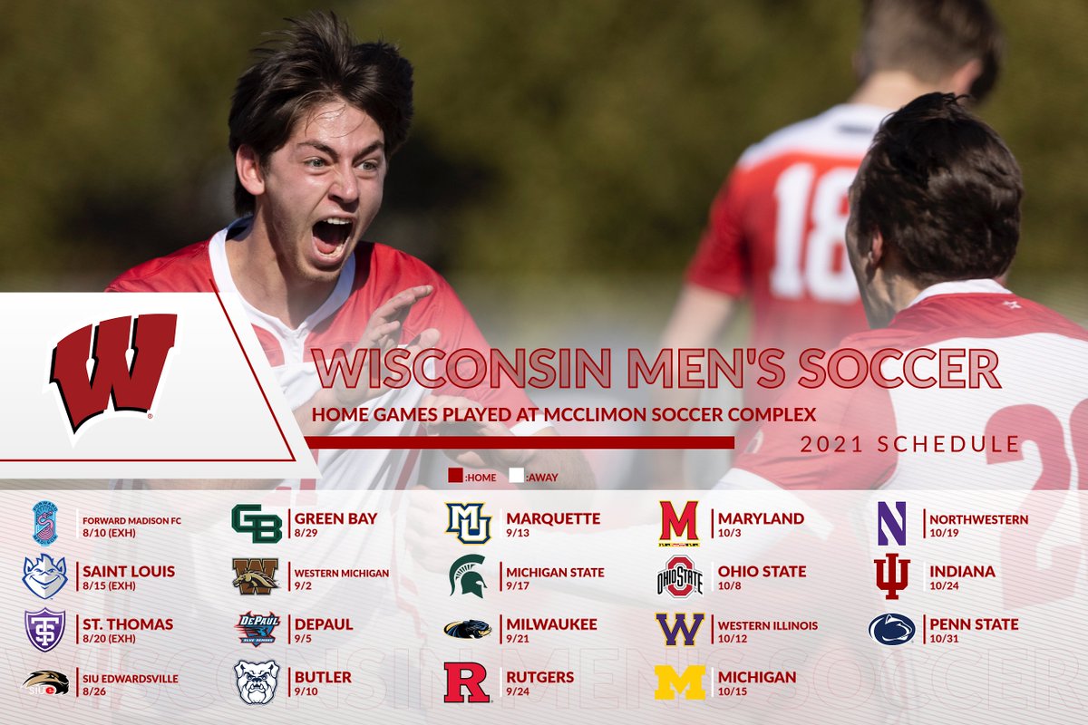 BadgerMSoccer's tweet photo. Feels good to put this out

Our 2021 schedule

11 home games
2 home exhibitions
1 exhibition @ForwardMSNFC

#OnWisconsin

https://t.co/0dAU4UBTab https://t.co/Hsga4S5Ne5