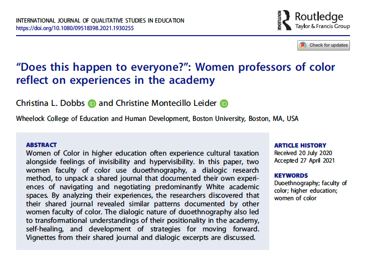 cmleider's tweet photo. Proud to share this article w/ @drcdobbs where we used duoethnography to center WOC faculty and write a piece for ourselves, our WOC colleagues, the WOC whose shoulders we stand on, and the WOC who will come after us. 

Available here: https://t.co/0xhKm6RhoV https://t.co/k4vGh6ysDS