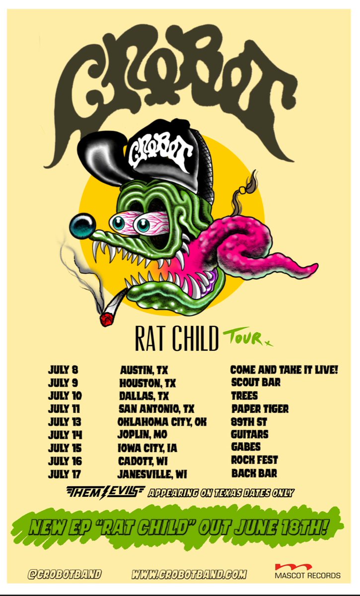 Crobotband's tweet photo. 🚨Attention #beardos! 🚨
@ToWhomItMayBand  won’t be able to join us on the Rat Child tour. So we’ve called upon those party boys @ThemEvils to come boot scootin’ with us deep in the heart of Texas! Tickets are on sale now! https://t.co/2WTUKBzRzy
#crobot #ratchild #themevils https://t.co/Fgd7CtQ1yH