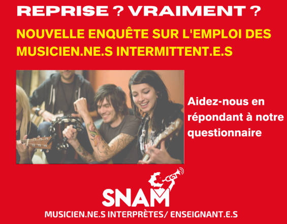 SNAM_CGT's tweet photo. Questionnaire à l'attention des musiciens.nes intermittents.tes(intermittents.tes indemnisés-ées ou non).Merci de remplir et de diffuser au maximum.https://t.co/VHHbqqmyz1

@cgt_spectacle 
@SNAM_CGT 
@OccupationOdeon 
@francemusique 
@LettreMusicien https://t.co/seQ3QkgfUK