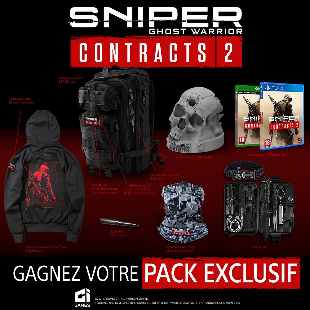 Micromania_Fr's tweet photo. Pour la sortie de #SniperGhostWarriorContracts2 demain (https://t.co/3K5oWmEU79), gagnez un pack exclu de goodies ainsi qu'un jeu ! 

Pour participer, RT, Follow @Micromania_Fr et @JustForGames_FR et mentionnez en réponse au moins un ami ! TAS dans une semaine ! https://t.co/aocA2UxPMK