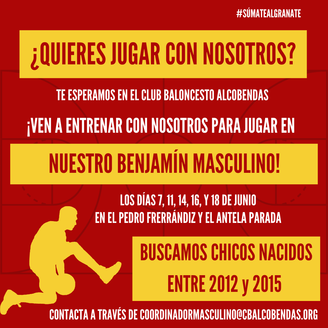 cbalcobendas's tweet photo. #CanteraCBA ⛹️‍♂️ | ¿Quieres que tus peques formen parte de nuestros equipos de canasta pequeña?

Si han nacido entre 2010 y 2015, ¡les esperamos!

Inscripciones:
Masc. https://t.co/MrfgZiEGaU
Fem. https://t.co/W77f1kj3Fa

Ponte en contacto y reserva tu plaza.

#SúmateAlGranate https://t.co/IeifcOU2AU