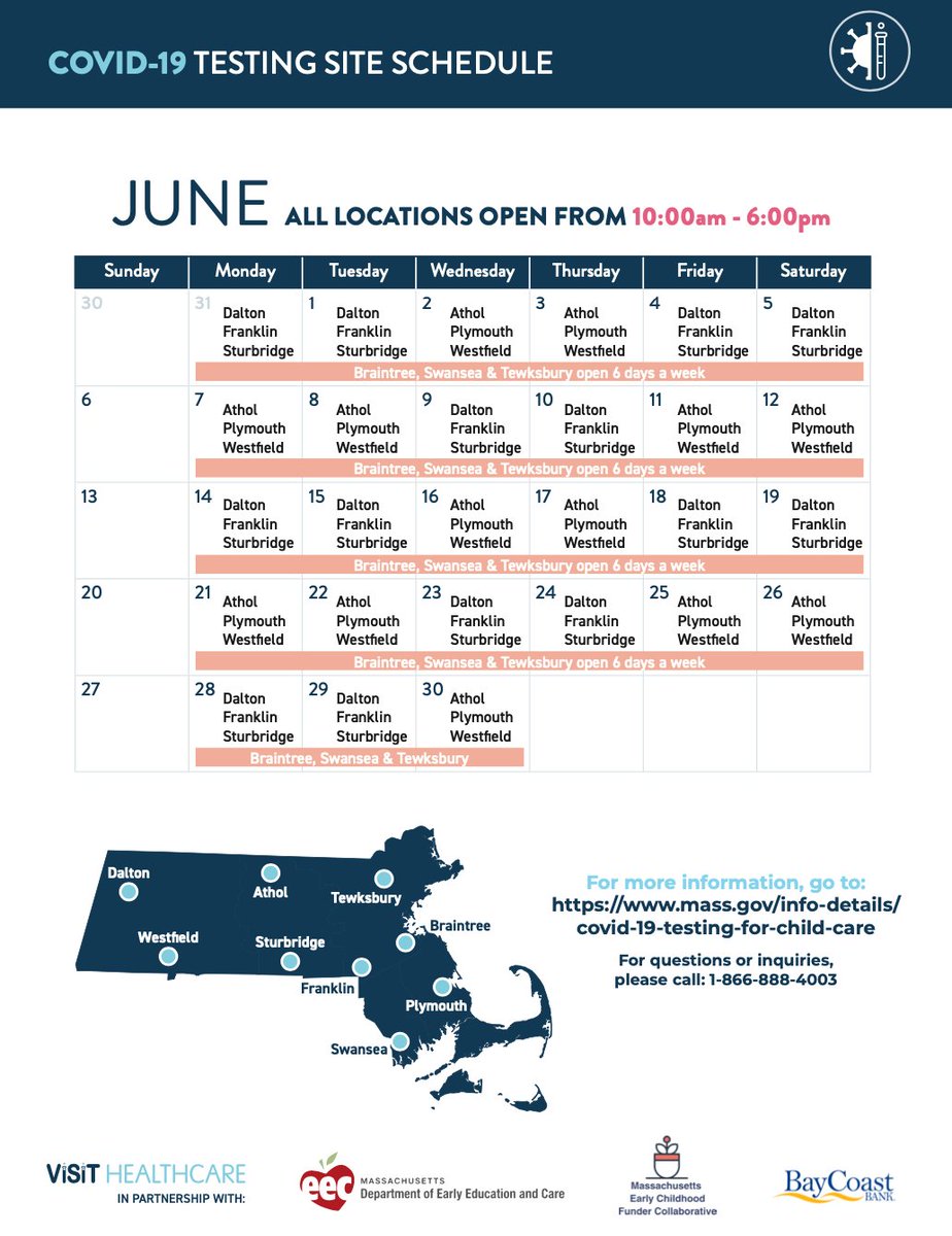 MassEarlyEdCare's tweet photo. As the Commonwealth reopens, we must all continue to do our part to keep our families and communities safe. That means getting vaccinated and tested for COVID-19.

EEC NO COST COVID-19 testing: https://t.co/wxersPLTpQ 

Vaccine registration: https://t.co/hOOqJzK8sZ https://t.co/0LqONx5p0r