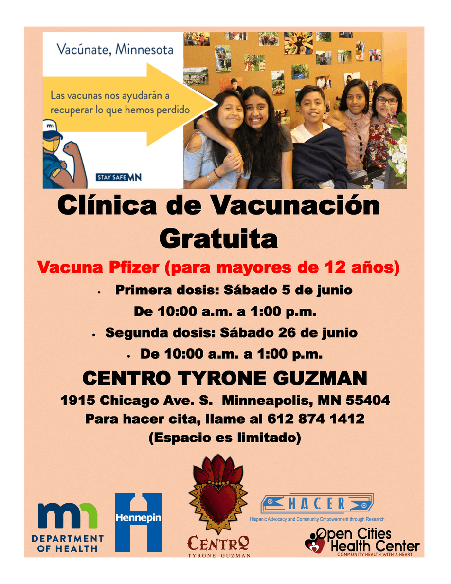 hacermnresearch's tweet photo. HACER está feliz de anunciar que nos estamos asociando con @Centrominnesota para organizar una clínica de vacunación Pfizer en Minneapolis este sábado de 10am a 1pm. Llama al 612-874-1412 para hacer cita.📞
#vacuna #minnesotalatinos #latinosenminnesota
@mnhealth @OpenCitiesHC https://t.co/eZIW3JOBut