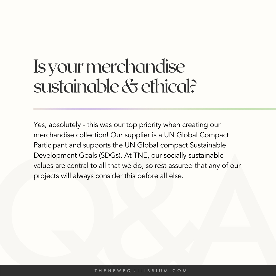 tnewequilibrium's tweet photo. Our merchandise is ethically sourced and sustainable! Yes!!! This was our first priority when choosing our supplier. We’re delighted that our merchandise is produced by a company that is part of UN Global Compact. 

Anymore questions about our merch? Let us know!🕊✨

__

#T https://t.co/md5rVPxzOm