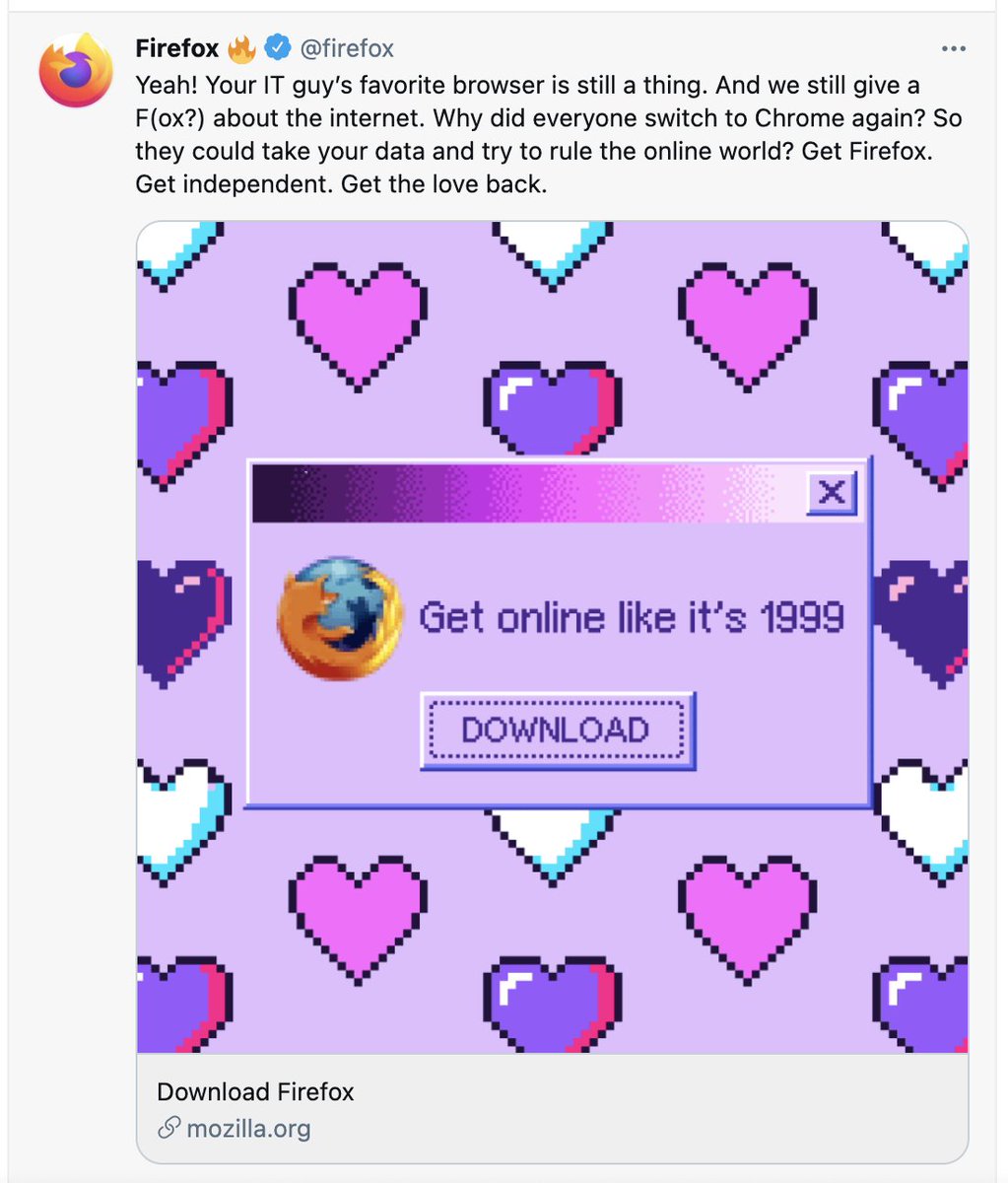 emmaguller's tweet photo. Props to the marketing team who saw Y2K trending and thought they could revive Firefox along with it. It won't work, but you're really trying and I chuckled https://t.co/73foxQO1Ac