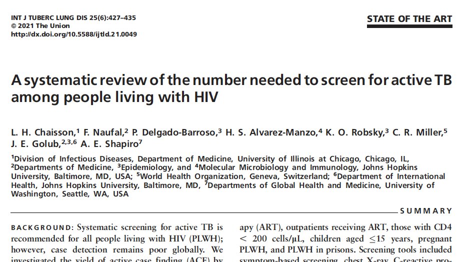 DrAShapiro's tweet photo. During COVID-19, we lost a lot of ground on TB screening. Part of why I'm so thrilled our TB number-needed-to-screen review for PLWH is now out in @TheUnion_TBLH, to galvanize renewed focus on screening. Proud to share work (started during my PhD!), now continued by amazing team. https://t.co/neZFTZjSF4