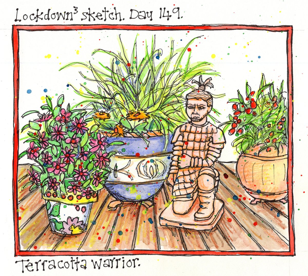 MaureenMace's tweet photo. Drawing with my art students. Theme was 'Garden'. This is my terracotta warrior on the decking protecting my plants.
#Lockdownsketch #Zoomclass #terracottawarrior #garden https://t.co/ZsB5k1QUIz