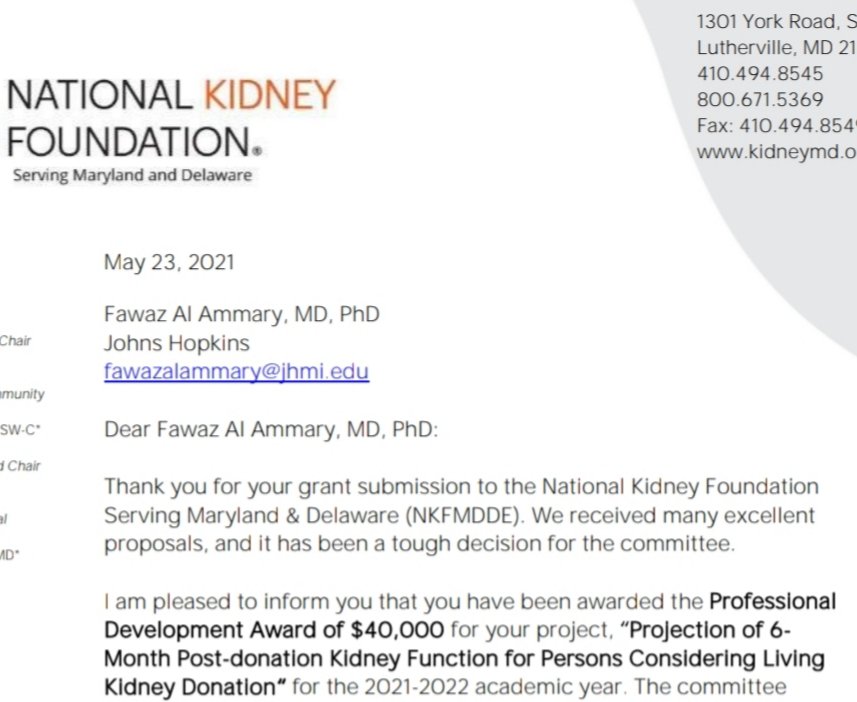 Thanks #NKFMDDE for funding my grant: Projection of 6- Month Postdonation #KidneyFunction for Persons Considering #Living #KidneyDonation.

Together advancing #nephrology @NKF_Advocacy
@nkf @ASNKidney @AST_info @ASTSChimera
@DrDeidraCrews
@Dorry_Segev
@AllanBMassie @Muzaale_AD