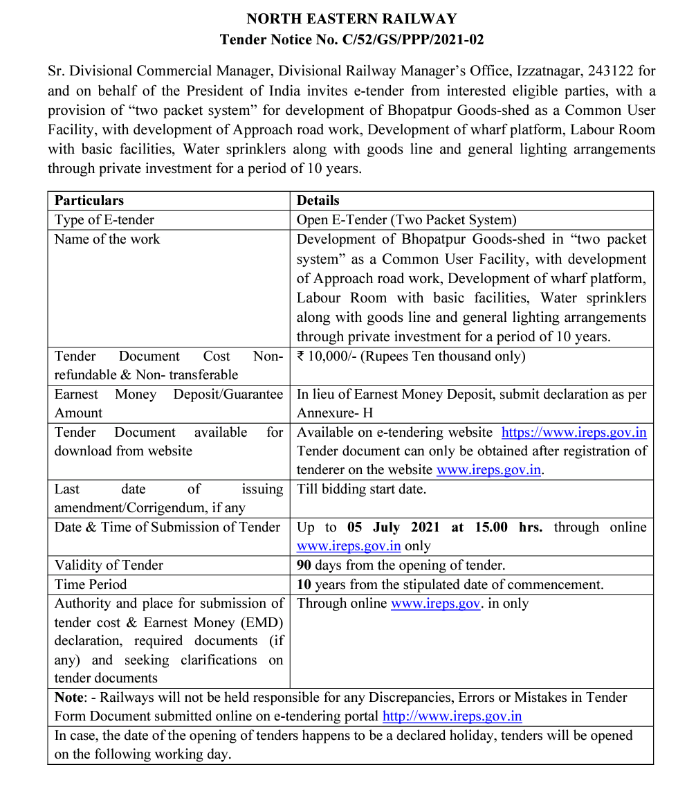 RailfreightIZN's tweet photo. Izzatnagar Division of NE railway has invited e-tender for development of Ujhani and Bhopatpur goods shed. For more details, visit https://t.co/FNpweKuNfm https://t.co/nuu384umSt