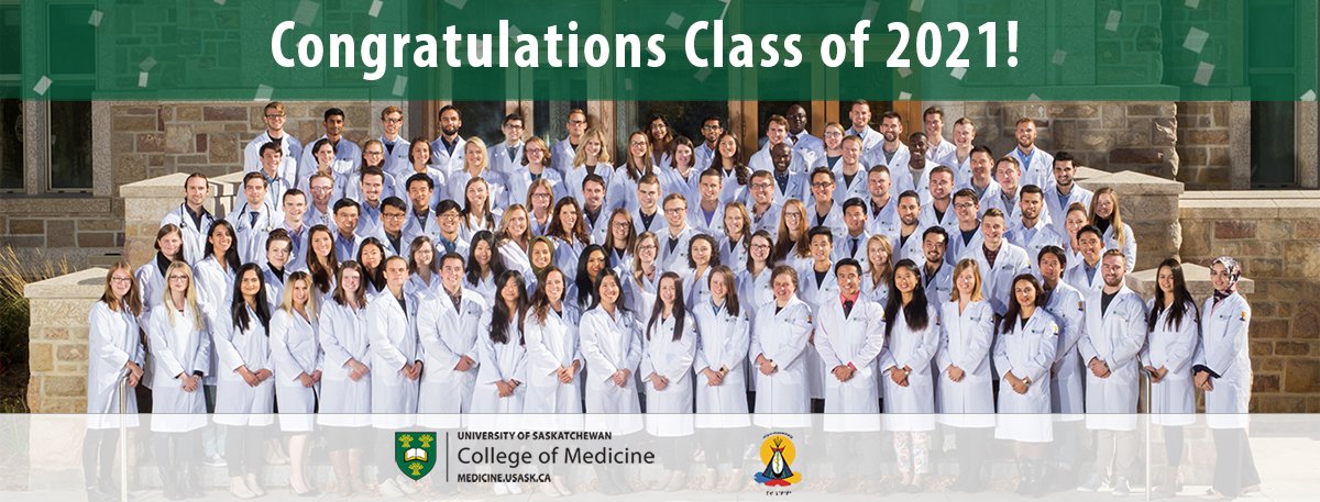 USaskMed's tweet image. Congratulations to our #USaskClassof2021 medical, biomedical sciences and graduate students! We are proud of you and your accomplishments! Join us for the CoM Virtual Graduation Ceremony-MD Class of 2021 @ 1pm. Join us @ 5pm as we celebrate our grads with @usask Convocation.