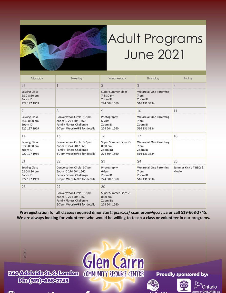 Hello Community Members!! Check out our Adult Programs in June! From 'Super Summer Sides Cooking Classes', Sewing Classes, Conversation Circle, We are all one parenting &amp; Intro to Photography! As well as our Summer Kick off BBQ &amp; Movie June 25th!