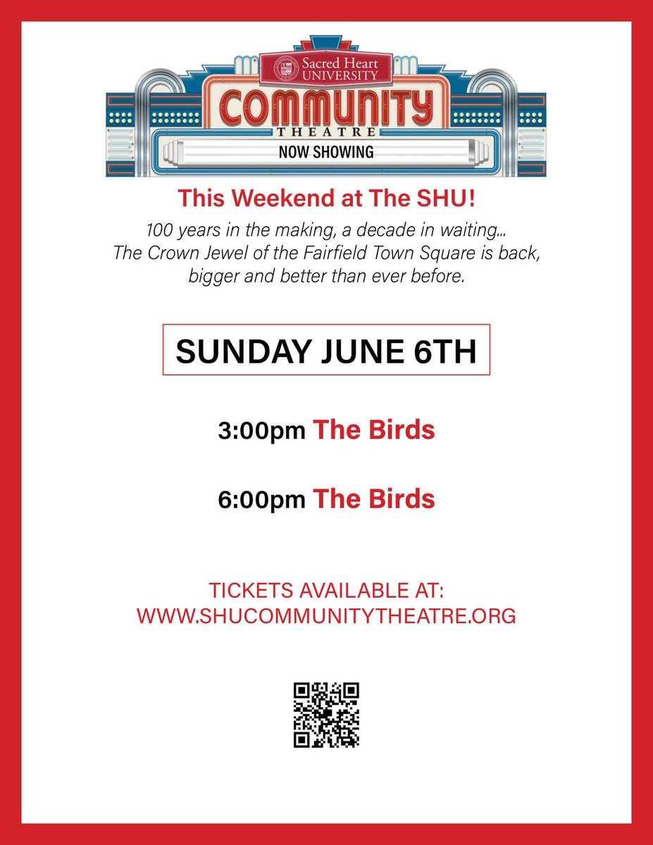 Today at the SHU Community Theatre: FREE screenings of the Hitchcock classic 'The Birds,' hosted by the new Fairfield Film Festival and Sturges Ridge. Click the link in our bio for tickets. #TheSHU #SHUCommunityTheatre