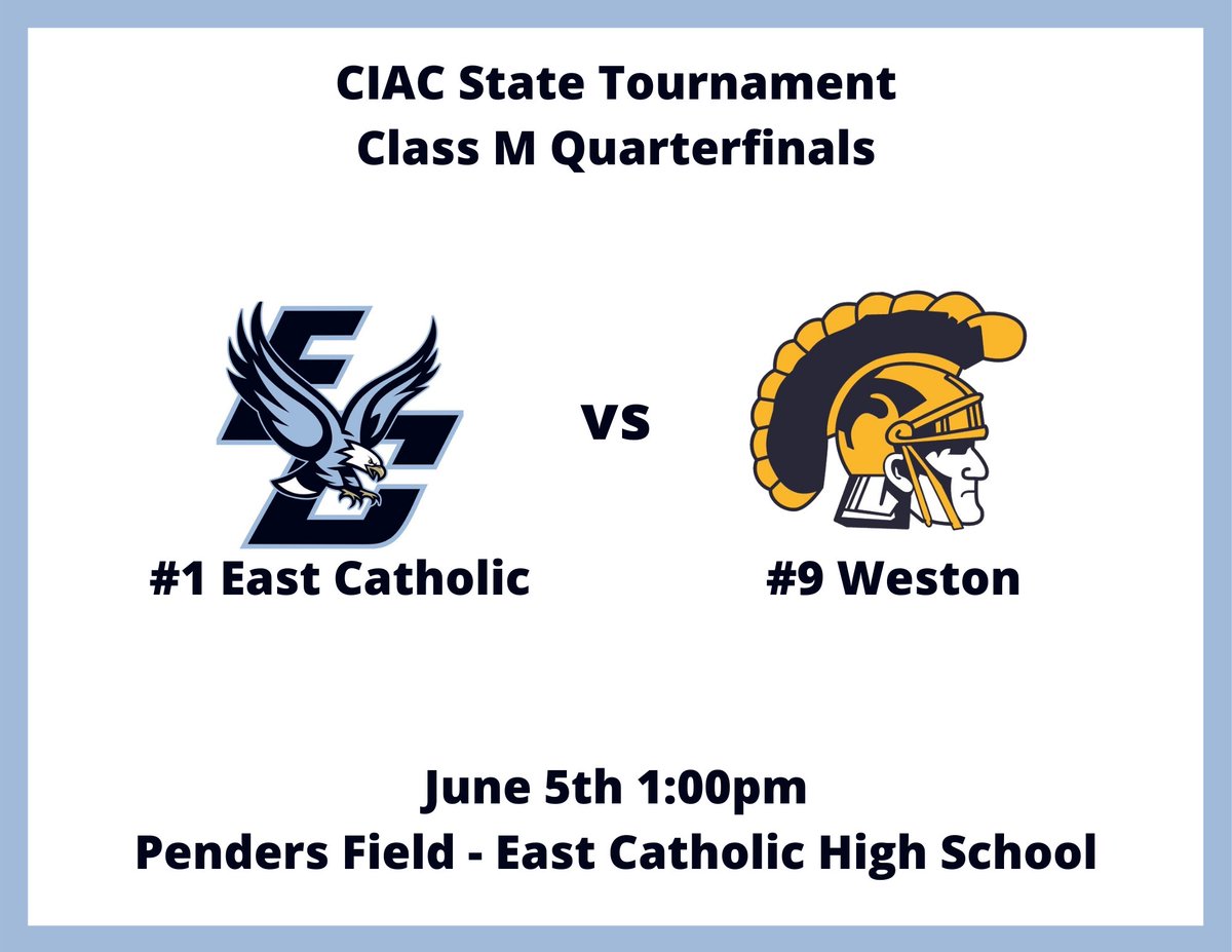 EastCatholicAD's tweet photo. Attention Baseball fans! Tickets to Saturday's 1:00pm Quarterfinal game between the Eagles and @WestonAthletics must be purchased using this link: https://t.co/gA4UDo1yNo
You must show your virtual tickets at the gate.

#WeAreEC 

@ciacsports @GameTimeCT @CTVarsity  @JI_sports https://t.co/TqBE0763D3