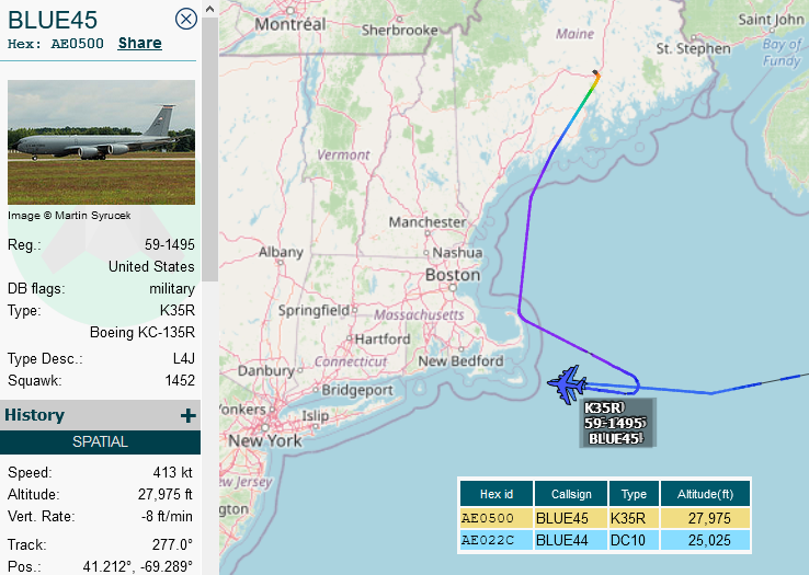 SirListenalot's tweet photo. #KC135 #AE0500 as #BLUE45 out of Bangor taking over #F16's from #KC10 #BLUE44, which will continue to McGuire https://t.co/zMuBtrRTy8