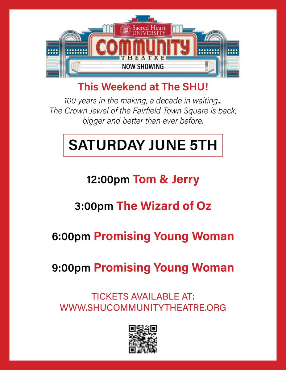 Today at the SHU Community Theatre! The screenings of 'Promising Young Woman' are FREE and hosted by Saugatuck Sweets. Click the link in our bio for tickets. #TheSHU #SHUCommunityTheatre