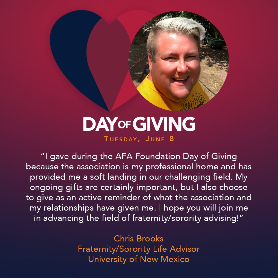 AFA1976's tweet photo. Just one more day until the AFA Foundation Day of Giving on Tuesday, June 8! Like AFA member @chrispysig, we hope you join us tomorrow to advance the field of fraternity/sorority advising! Learn more about #AFAGIVES here > https://t.co/3wWFsBtIuj https://t.co/luDuElpS2E