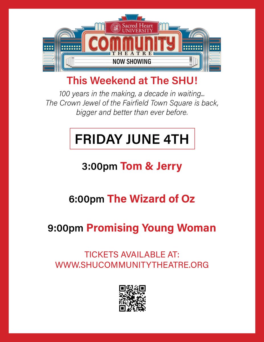 Today at the SHU Community Theatre! The screening of 'Promising Young Woman' is FREE and hosted by Saugatuck Sweets. Click the link in our bio for tickets. #TheSHU #SHUCommunityTheatre
