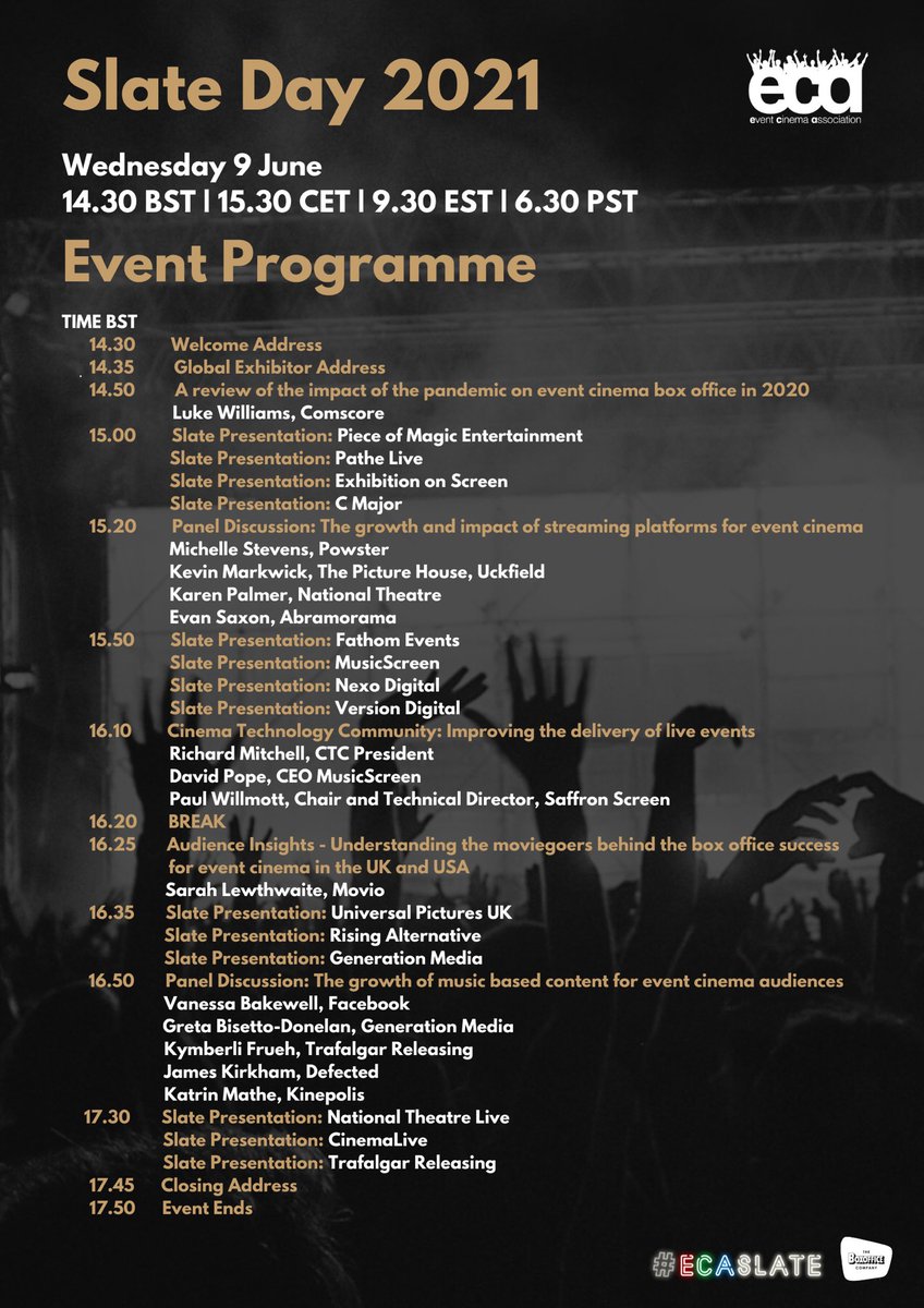 ECA100's tweet photo. Delighted to announce the full running order for next weeks #ecaSlate Day.
Join us next Wednesday 9 June from 14.30 (BST)
Register here:
https://t.co/tHzZ5dXfcE
#eventcinema #slateday #ECASlate #lovecinema https://t.co/bbxQS9G6Nr