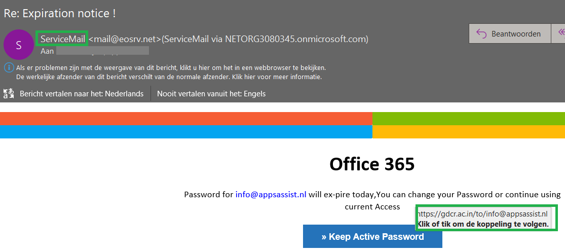 appSASsist's tweet image. Ook een e-mail ontvangen van &quot;ServiceMail&quot; dat je Office 365 wachtwoord vandaag verloopt (Expiration Notice!)? Dit is een spam mail! SHIFT - DELETE en weg ermee.

Je kunt spam herkennen aan de afzender (en dan vooral het echte e-mailadres achter ServiceMail).