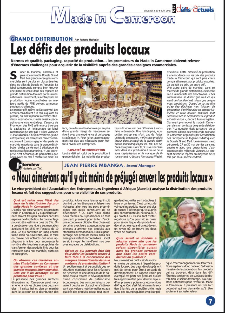 Lisa_Griffi's tweet photo. Retrouvez mon interview dans le magazine #DefisActuels du jour au sujet de la première édition des week-ends du Made in Cameroun dont le thème tournait autour des défis de la distribution des produits locaux.
#LesWeekendsDuMadeInCameroun
#MadeinCameroun
#ASENIA
#NationBranding https://t.co/WQ2rNDqDFk