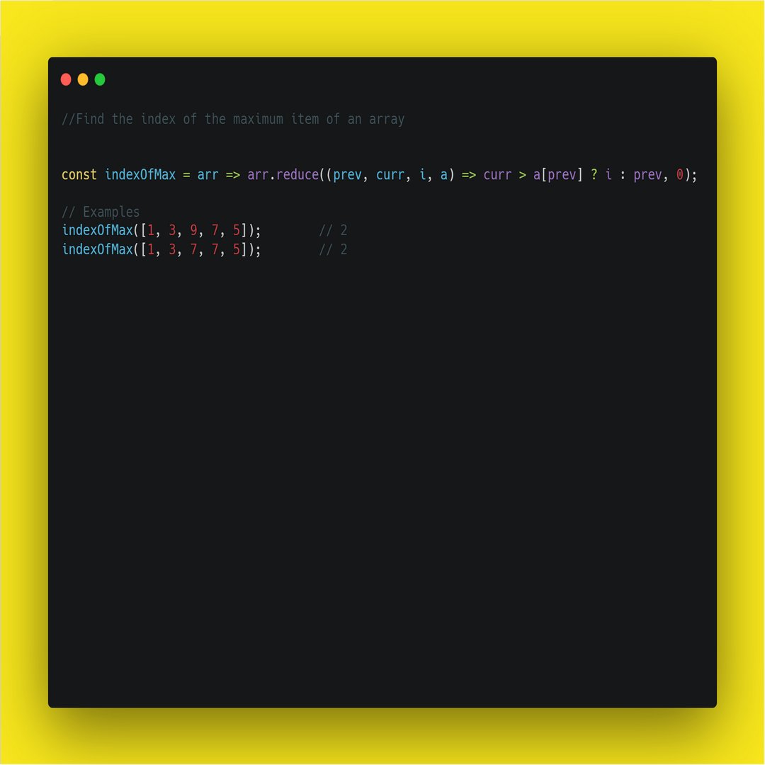 syedsimanta03's tweet image. Find the index of the maximum item of an array
Follow for more @designcoderdev
#javascript #javascripts #JavascriptLibraries #javascript30 #javascriptengineer #javascripting #100DaysOfCode #javascriptdevelopers #javascriptlover #freelancerdesigner #reactjs #websitedesigner