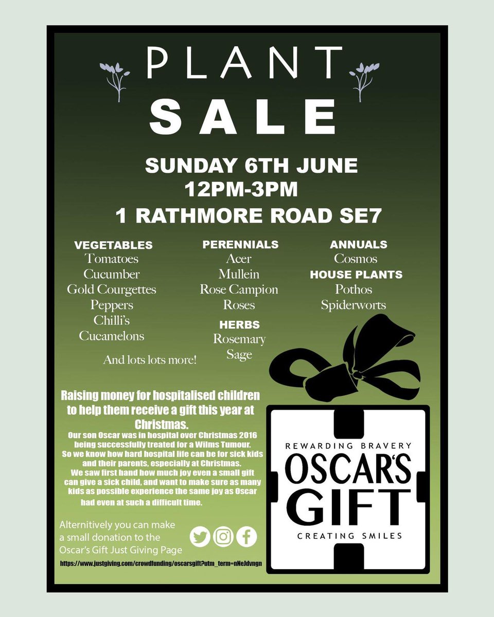 OscarsGift1's tweet photo. Plant sale in Charlton this Sunday (5th June) raising money for Oscar’s Gift who supply presents for children in local hospitals over Christmas
@TheMurkyDepths 
@charlton_house 
@SkintLondon 
@SkintLondoner 
@CAFCofficial
@eotbuk
@m24instudio
@RHS_Allotment
@FriendsofSE18 https://t.co/gVAsp49UEo