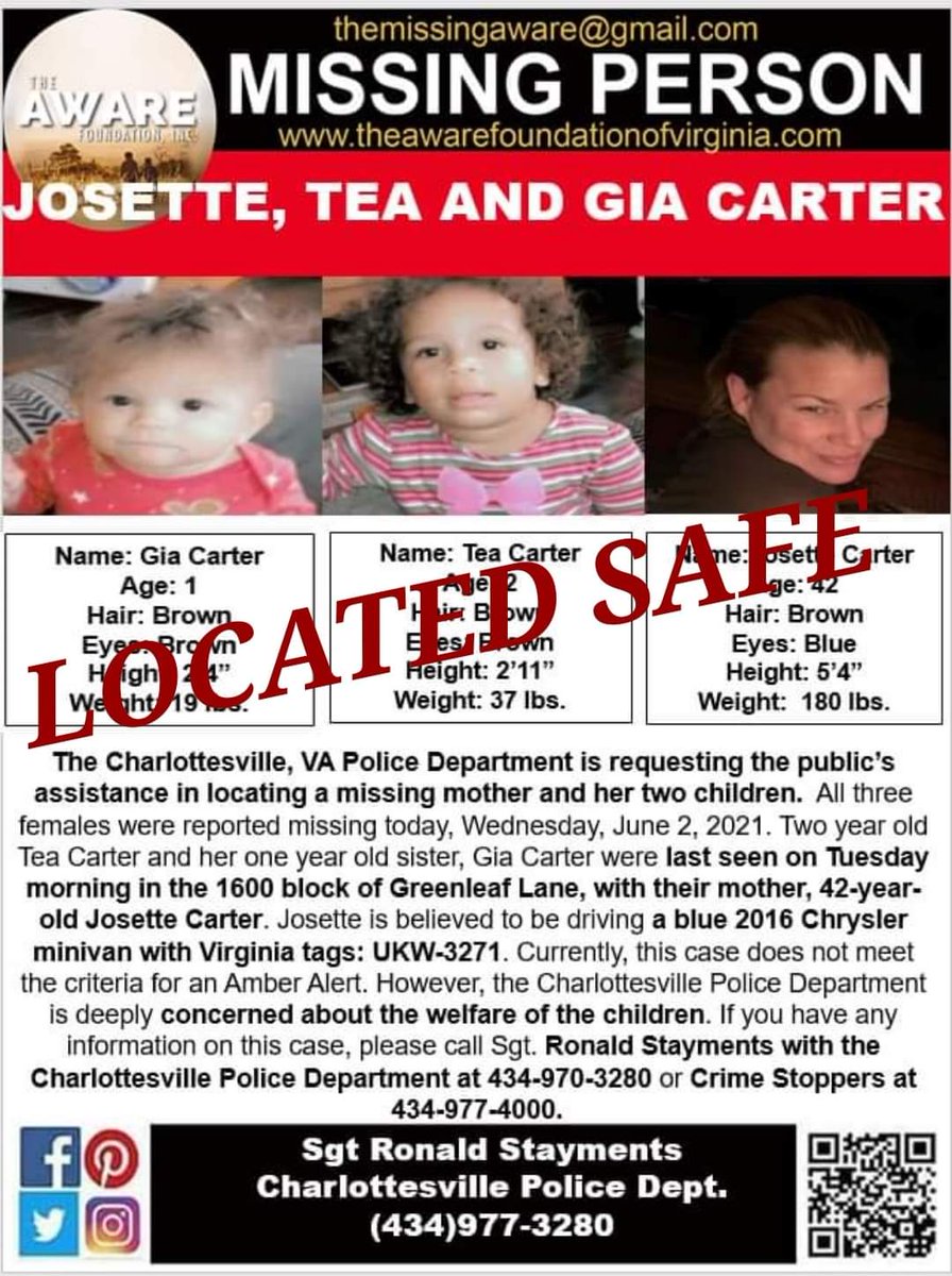 UPDATE: JOSETTE, GIA, and TEA CARTER have been located and are SAFE! Thanks again for your help. #TheAWAREFoundation
