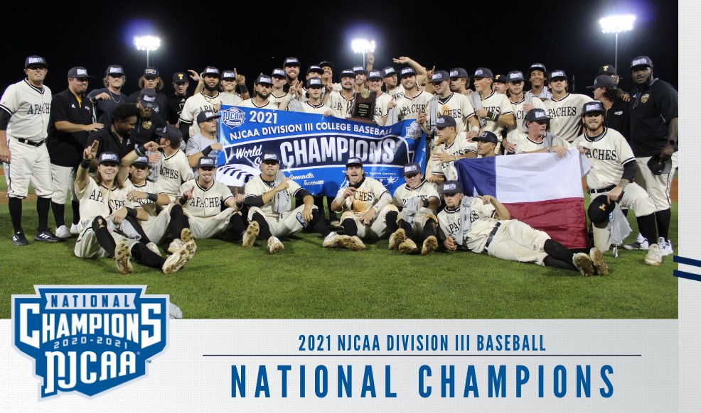 NJCAABaseball's tweet photo. 𝑾𝒐𝒓𝒍𝒅 𝑺𝒆𝒓𝒊𝒆𝒔 𝑪𝒉𝒂𝒎𝒑𝒊𝒐𝒏𝒔 🏆

The Apaches take their sixth national title back to Tyler, TX after winning the 2021 #NJCAABaseball DIII World Series last night in Greeneville, TN.

https://t.co/HHXikK13Lr https://t.co/0X6OIwHhhF
