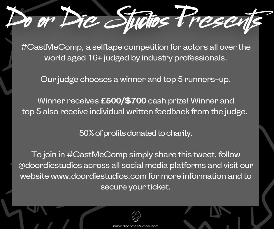 Our next #CastMeComp will be judged by Casting Director Rob Kelly (@robkellycast). Early access are now available for our 'First to Know' mailing list - please check emails for the password. General sale at 10pm! doordiestudios.com