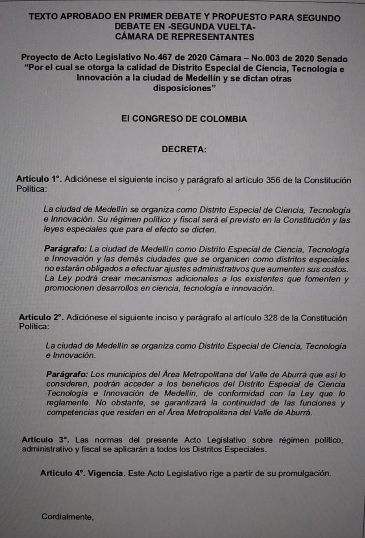 Por 138 votos a favor ha sido aprobado por la Cámara de Representantes la transformación de Medellín de Municipio  a Distrito de Ciencia Tecnología e Innovación 👏👏👏