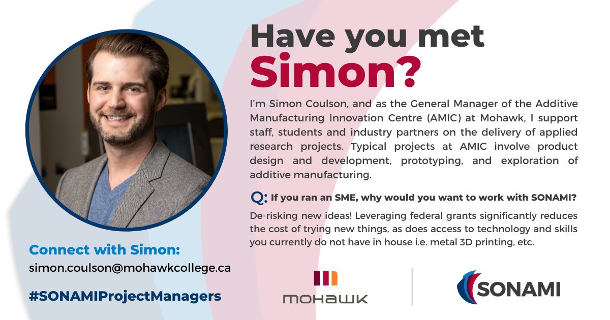 sonamicanada's tweet photo. The projects at our network of institutions are run by a dynamic group of Project Managers. 

This week we'd like to ask: Have you met: Simon Coulson?

#SONAMIProjectManagers #Appliedresearch #AdvancedManufacturing #MohawkCollege
https://t.co/Ivt3UQqw6l https://t.co/TioKNJzJpt