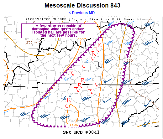 NashSevereWx's tweet photo. Squiggle Update from @NWSSPC includes us: "A few storms capable of damaging wind gusts and/or isolated hail are possible for the next few hours." https://t.co/d5C5ts8zke