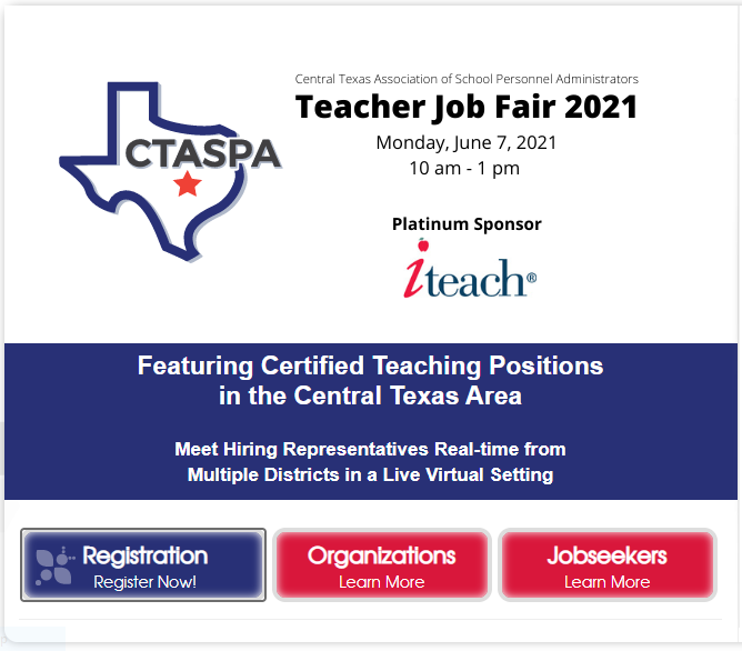 Are you interested in #teaching in Central Texas? 

Central Texas Association of School Personnel Administrators (CTASPA)
Virtual Job Fair
Monday, June 7, 2021
10AM - 1PM (CT)

To register or learn more, visit careereco.com/events/CTASPA.

<a href="/UNTDallas/">UNT Dallas</a> @UNTDcareers