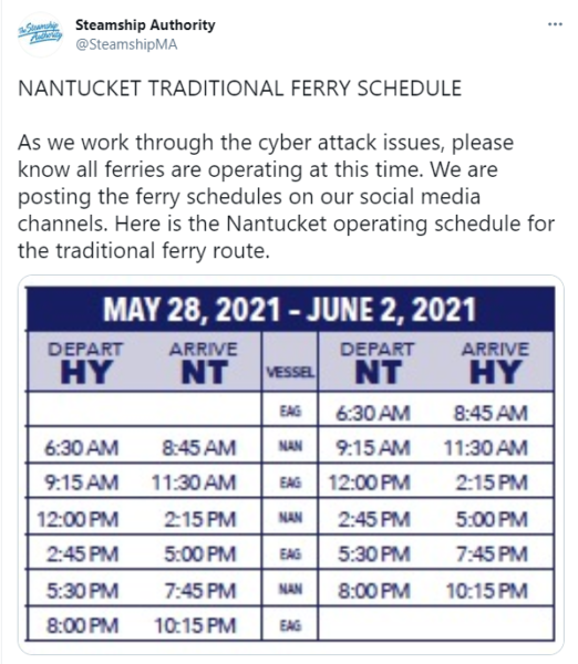 CsLifetime's tweet photo. Steamship Authority answers question: Who’s the next ransomware victim? - https://t.co/pLIYheRoz9
After the attacks on Colonial Pipeline ... https://t.co/c32rE6BgNk
