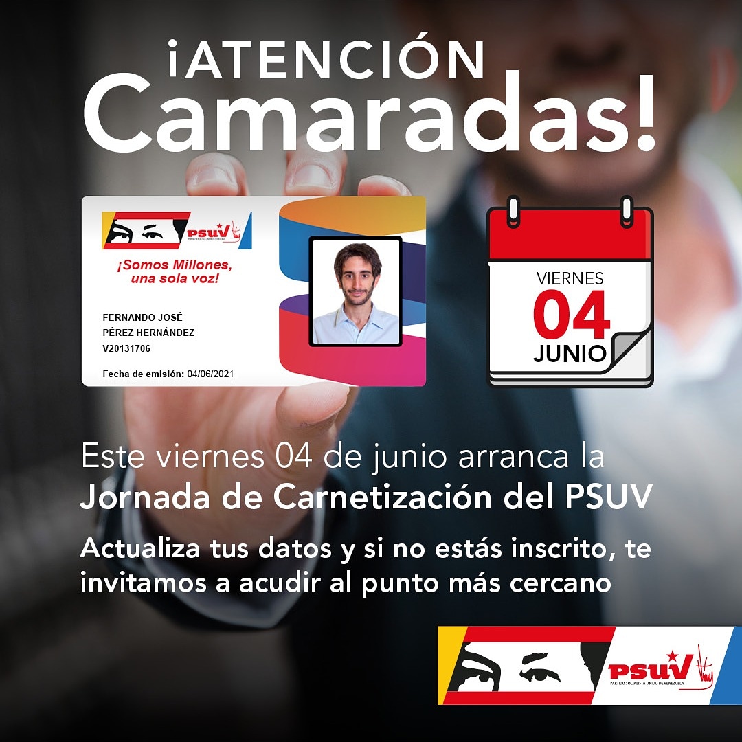 PartidoPSUV's tweet photo. 🚩🚩 Mañana arranca nuestro proceso de carnetización, inscripción y actualización de datos ✊🏼🇻🇪 Todas y todos están invitados a participar en esta jornada.

 ¡Somos orgullosos militantes, somos PSUV! 

#PSUVEnAcción https://t.co/HohtPR74Fa