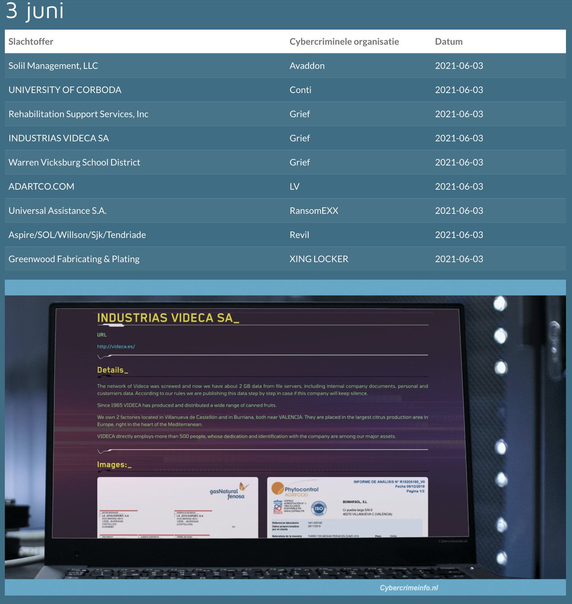 CCINLCybercrime's tweet photo. Cybercriminelen #Avaddon #Conti #Grief #LV #RansomEXX #Revil #XINGLOCKER publiceren data van nieuwe slachtoffers op het darkweb
Overzicht: https://t.co/jWEp5oAINZ
@chum1ng0 @ransomwaremap @PogoWasRight @amvinfe @darktracer_int @LawrenceAbrams @y_advintel @UID_ @stijnvangils https://t.co/PzCOUXTfZd