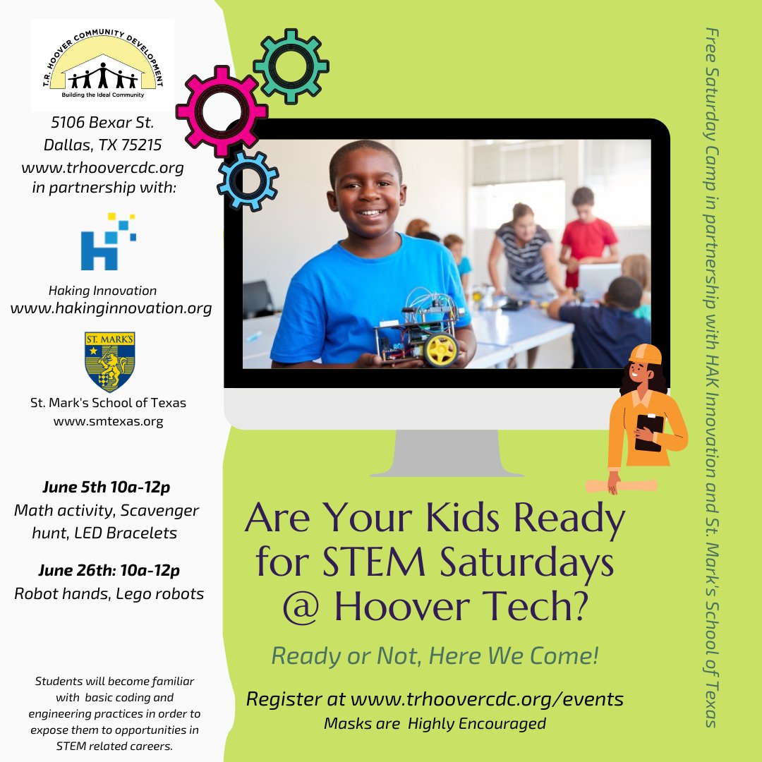 Our Saturdays are Sizzling at Hoover Tech, sign up today have your child be a part of our STEM Saturdays with @HAK Innovation and St. Mark's School of Texas🔥🔥🔥 Register TODAY! trhoovercdc.org/events
 
#trhoovercdc #HAKInnovation #StMarksSchoolofTexas #STEMSaturdays #STEM