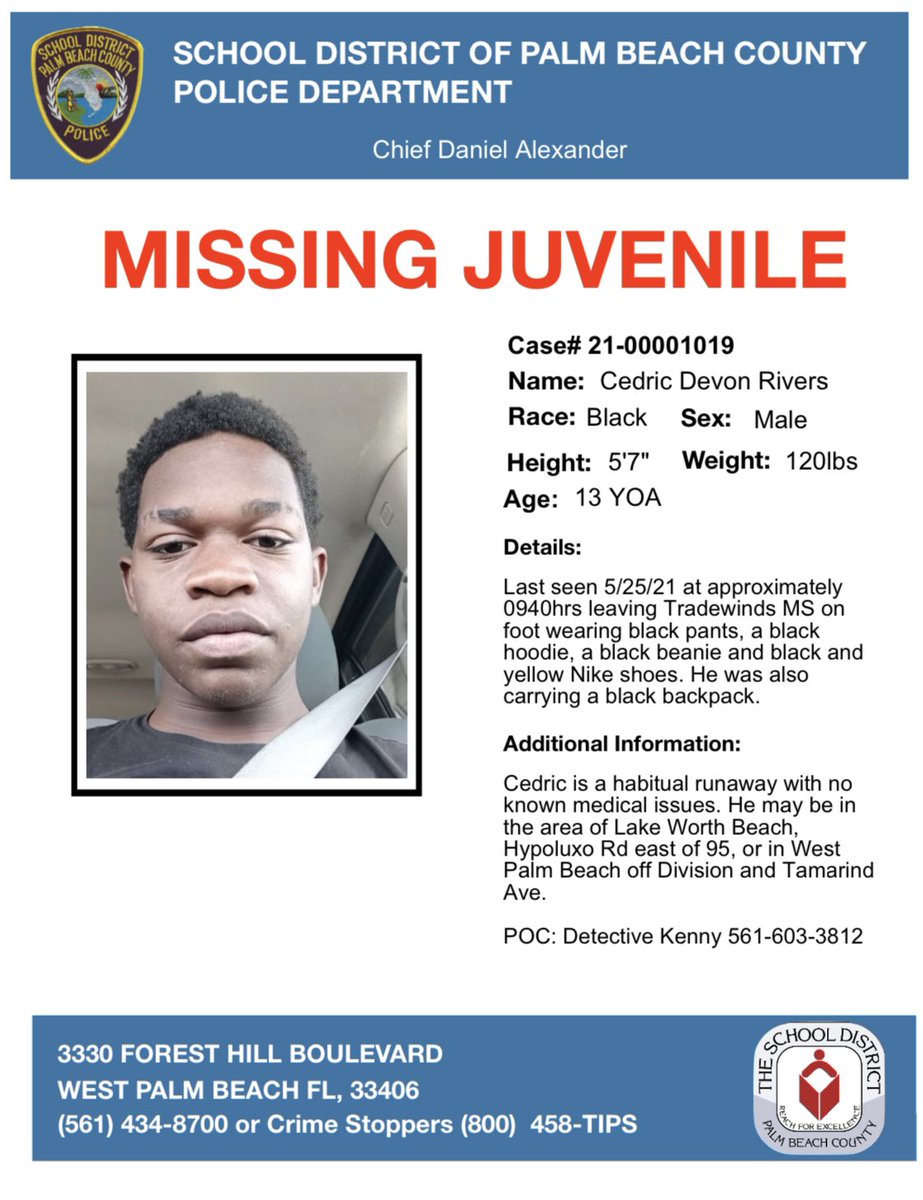 ‼️MISSING JUVENILE‼️ Please contact 561-434-8700 or Crime Stoppers at (800)458-TIPS with any information.