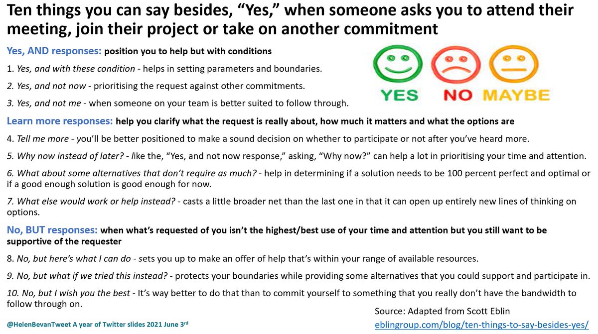 HelenBevan's tweet photo. The shift from pandemic to post-pandemic is unleashing a lot of pent-up demand, which means people are getting asked to pack even more tasks into their days. Ten things to say besides "yes", for the next time you get asked to do extra work: https://t.co/enQPy9An6A By @ScottEblin https://t.co/umKd8wX14k