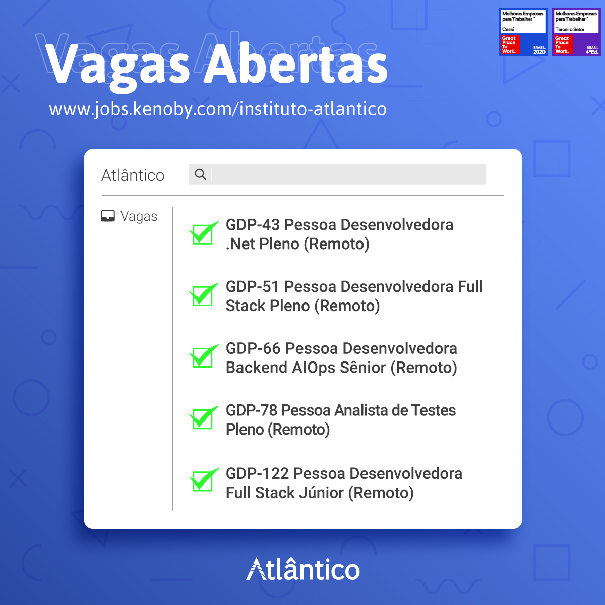 Quer fazer parte do time de talentos do Atlântico? Então aproveita, porque temos vagas abertas e você pode conferir todas em nosso portal de carreiras: jobs.kenoby.com/instituto-atla…

#institutoatlântico #temosvagas #teamatlantes #vagasti #tech #atlântico