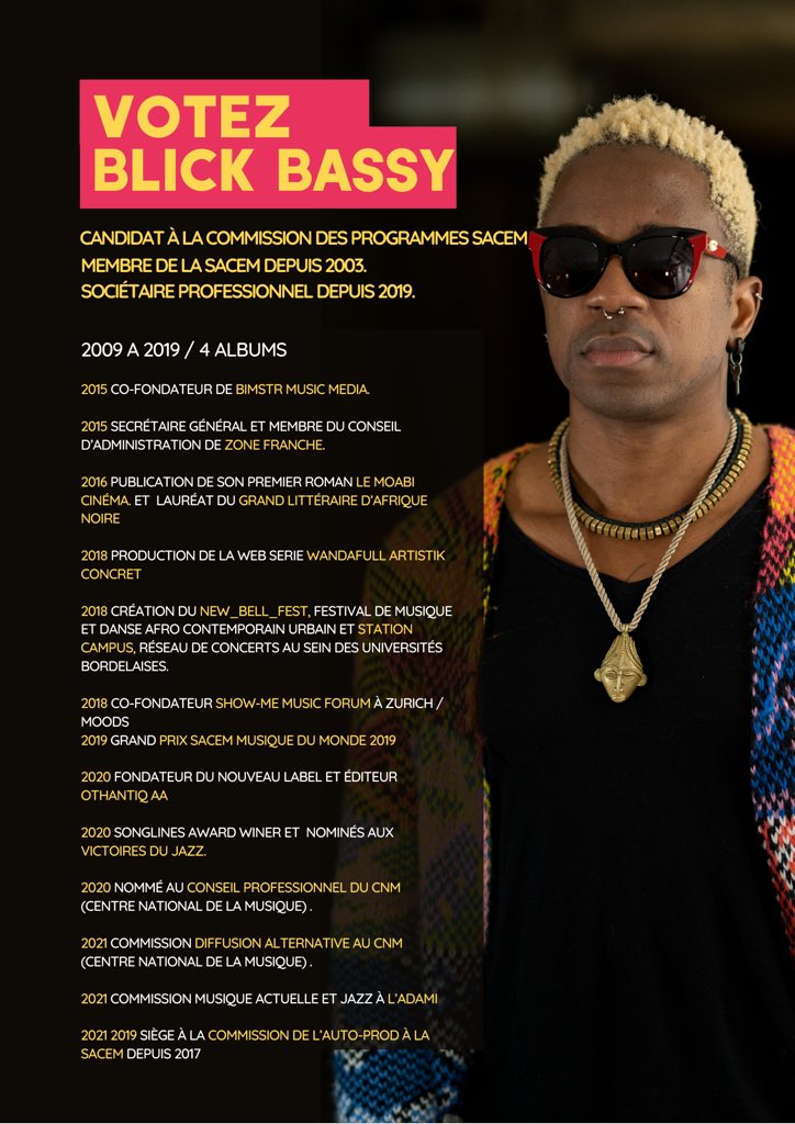 blickbassy's tweet photo. Je me présente à la commission des programmes @sacem, maison dans laquelle je m’investis depuis un moment déjà.

Je vous invite alors, vous , membres de la Sacem à voter pour moi 💜 

Quelques dates de mon parcours ci dessous. 

Humblement 💕💕🙏🏿🙏🏿

https://t.co/7vWNcvRtiQ https://t.co/aJlJ1jdJRl