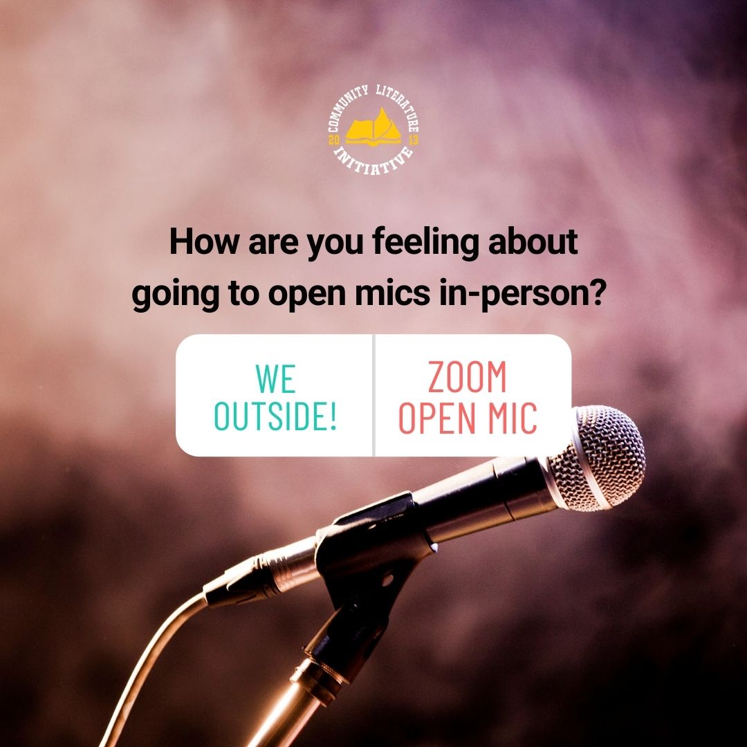 communitylitla's tweet photo. CLIQUE! Let's talk about it. How are you feeling about going to open mics in-person?

#weoutside #weinside #openmics #openmicevent #poetrycommunity #writerscommunity #poetssociety #CLI https://t.co/RNHK7lAjV5