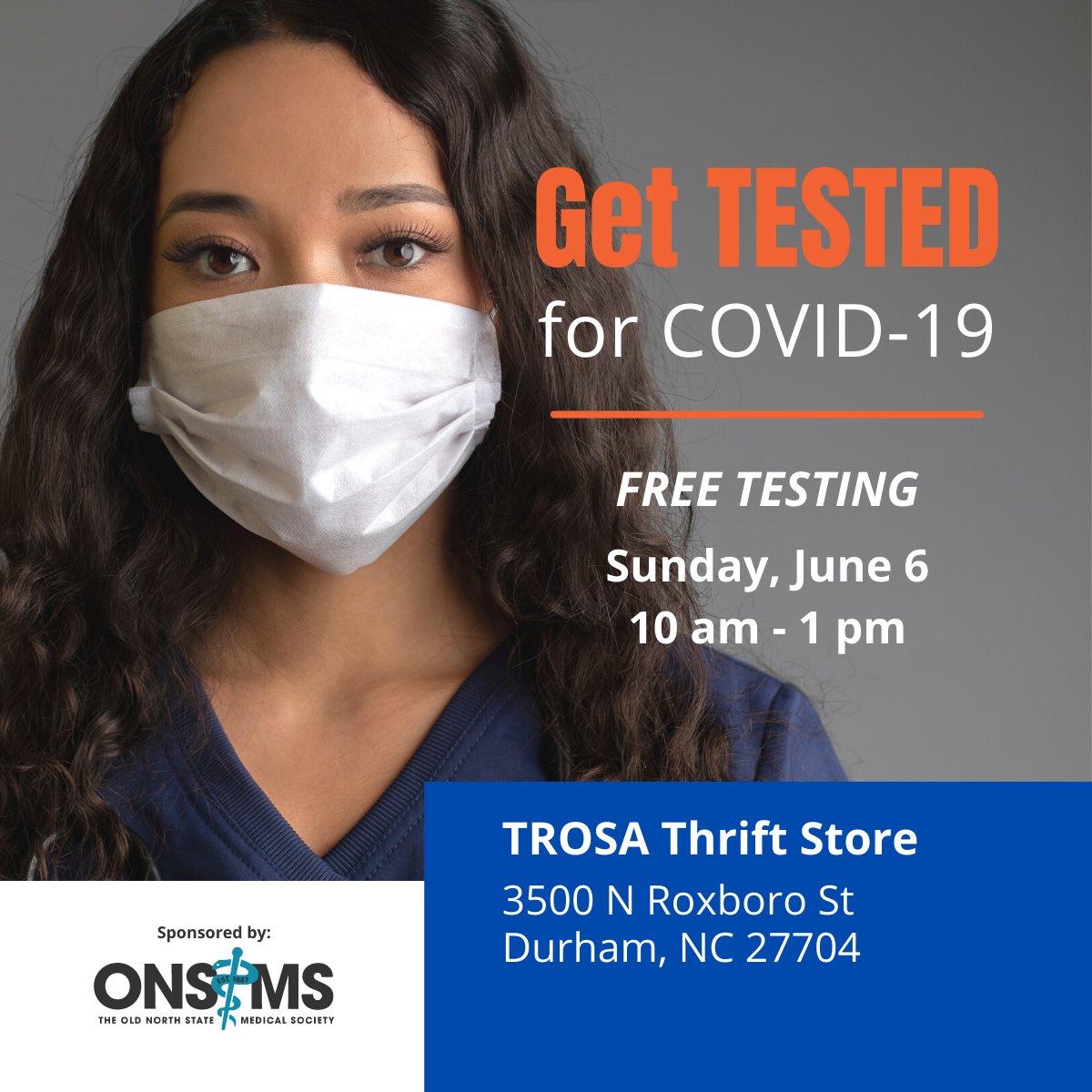Old North State Medical Society (@onsmsnc) on Twitter photo 🗓 #SHARE: #DURHAM Community Get Tested for Covid-19
.
Sunday, June 6 - 10 AM - 1 PM
.
Location: TROSA Thrift Store <a href="/TROSAThrift/">TROSA Thrift Store</a> , 3500 N Roxboro St. Durham, NC 27704
.
For more info: l8r.it/rQmr
.
#covid19 #gestested #onsms 🗓 #SHARE: #DURHAM Community Get Tested for Covid-19
.
Sunday, June 6 - 10 AM - 1 PM
.
Location: TROSA Thrift Store <a href="/TROSAThrift/">TROSA Thrift Store</a> , 3500 N Roxboro St. Durham, NC 27704
.
For more info: l8r.it/rQmr
.
#covid19 #gestested #onsms